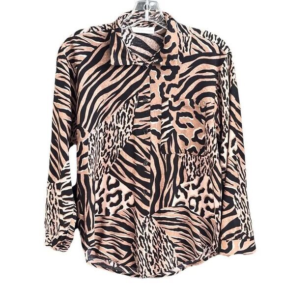 80s Vintage Linen Tan Black Tiger Cheetah Leopard Print ￼Button Up Blouse Size S - Picture 1 of 3